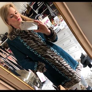 Margaret Godfrey teal suede dress coat fur trim